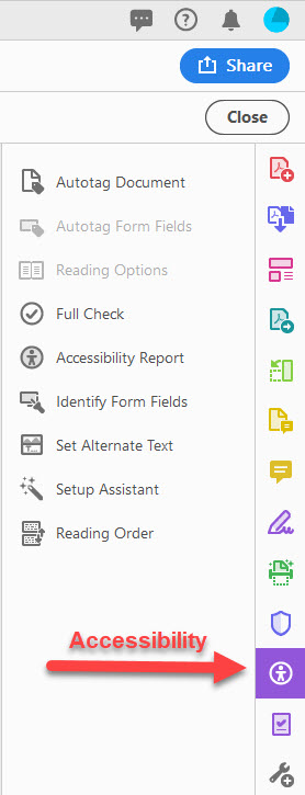 adobe accessibility button and menu
